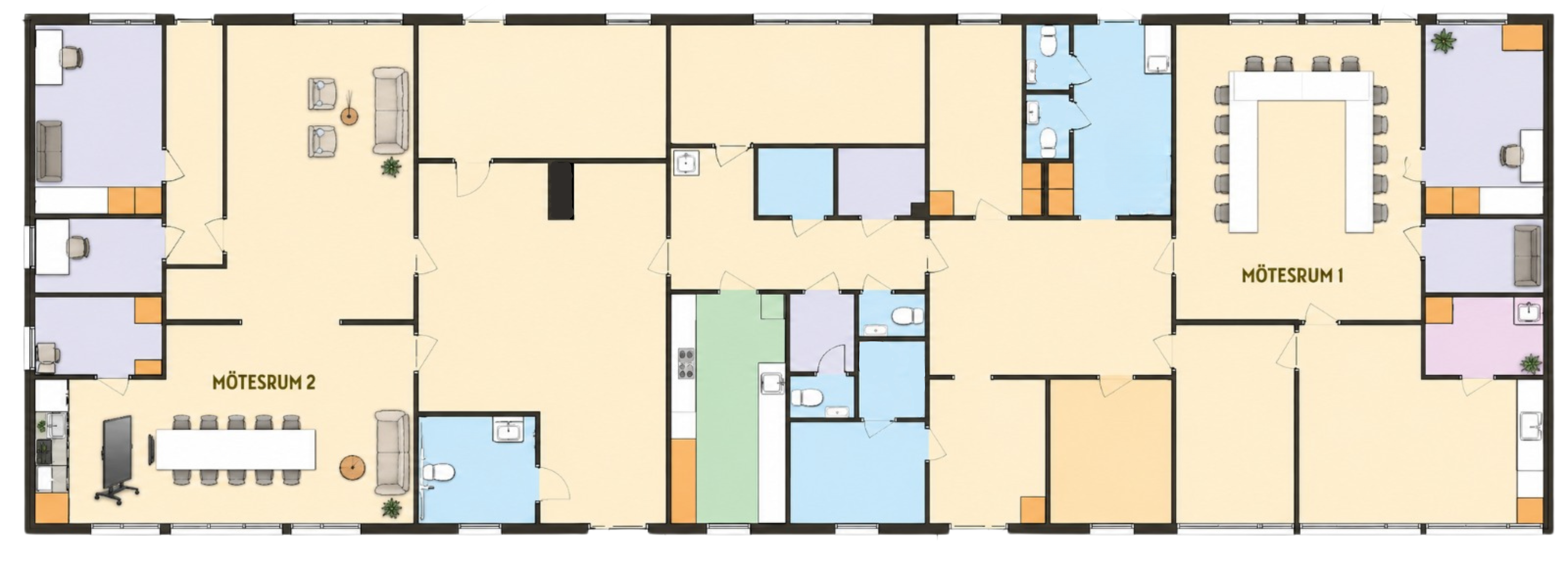 Planritning över Folkets Hus Vivalla med Mötesrum 1 och Mötesrum 2 markerade i bilden